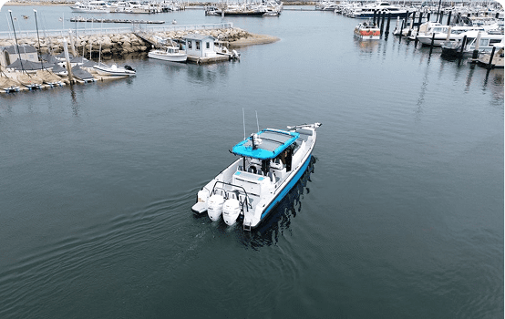 Motorboat cruising in harbor
